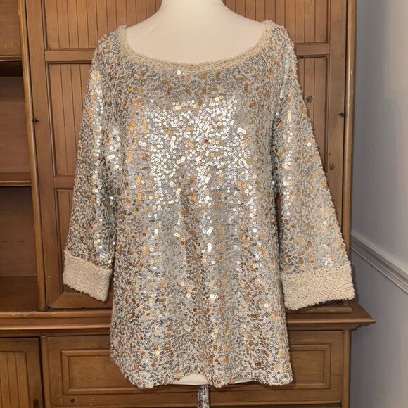 Coldwater Creek Sequined 3/4 Sleeve Sweater Top, Size L/XL - Picture 1 of 8